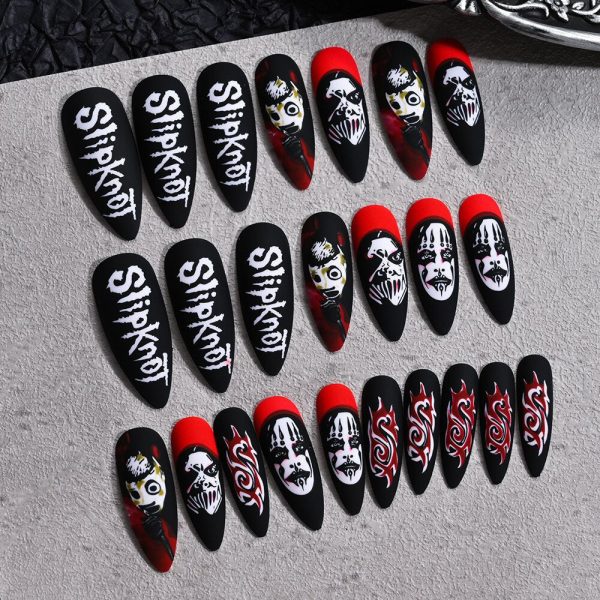 Press on Nails Halloween Medium Length Coffin Black Fake Nails Scary Mask Face Nail Tips Halloween Design 3D Glossy Acylic Nails Online Hot Sale