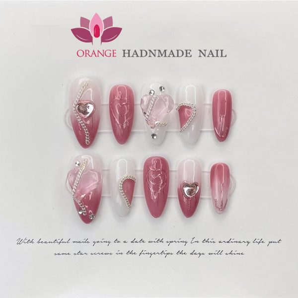 Pink Handmade Nails Press on Full Cover Professional Nails Manicuree Heart False Nails Japanese Wearable Artificial With Designs Online