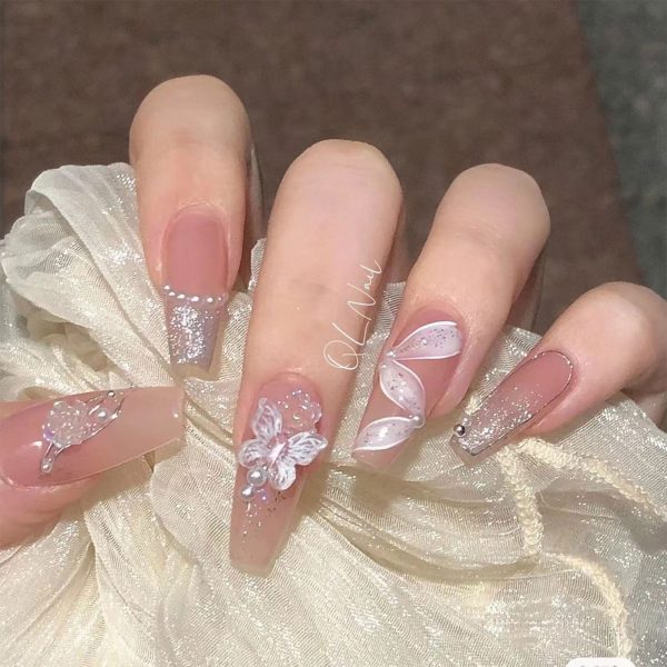 French Style False Nails Glitte Bow Design Fake Nail Patch False Nail Patch Mid Length Coffin Ballerina Acrylic Artificial Nails Supply