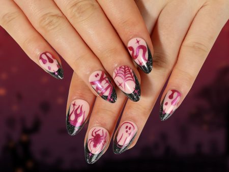 Press On Nails Halloween Black French Style Nail Patches Sparkling Pink Purple Flame Spider Web Nail False Tips Star Awned Snake Online