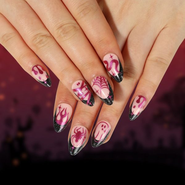 Press On Nails Halloween Black French Style Nail Patches Sparkling Pink Purple Flame Spider Web Nail False Tips Star Awned Snake Online