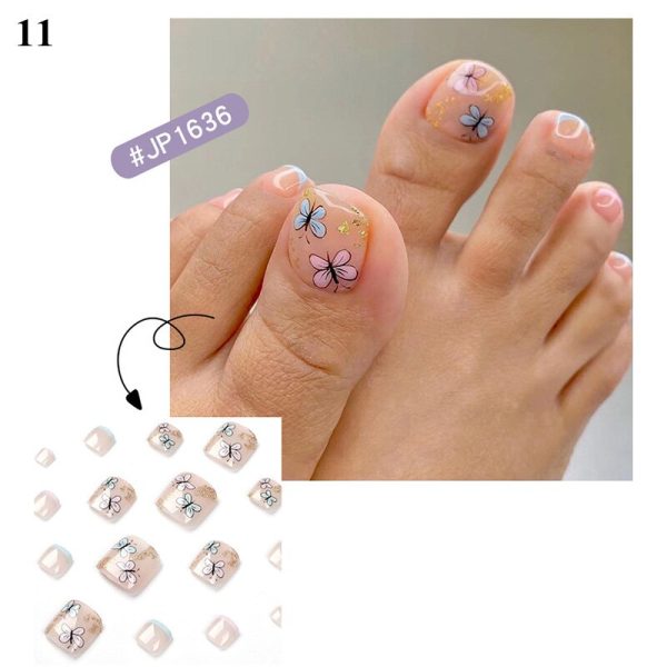 False Toenail 24Pcs Box Toe Nail 3D Glitter Decor Press On Fake Nails With Glue Detachable Square Short Full Cover DIY Nail Tips Fashion