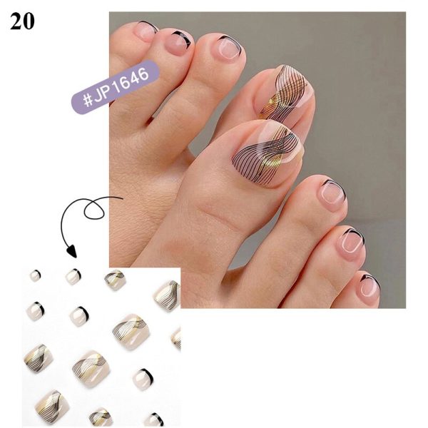 False Toenail 24Pcs Box Toe Nail 3D Glitter Decor Press On Fake Nails With Glue Detachable Square Short Full Cover DIY Nail Tips Fashion