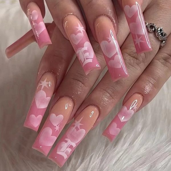 Long Pink Heart Coffin False Nails Star Shiny Pattern Design Ballerina Fake Nails Manicure Full Cover Nail Tips Press On Nails Supply