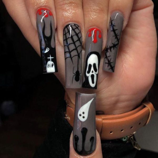 New Halloween Fake Nails Patch Black Almond Coffin Head Artificial Nail Tips Pumpkin Spider Ghost Printed Press on Nail for Girl Cheap