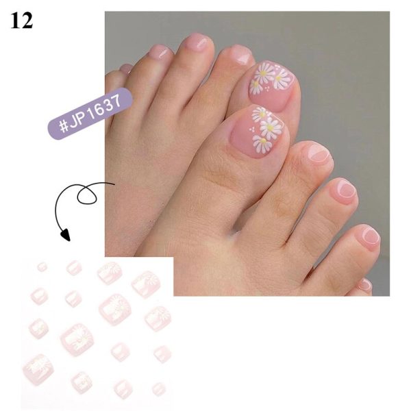 False Toenail 24Pcs Box Toe Nail 3D Glitter Decor Press On Fake Nails With Glue Detachable Square Short Full Cover DIY Nail Tips Fashion