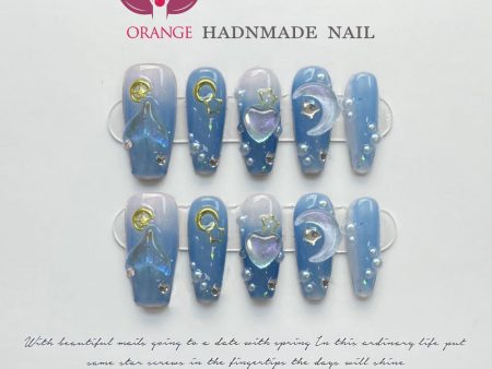 Handmade Blue Press On Nails Design Charms Luxury Full Cover Medium Coffin Manicuree Wearable Fake Nails XS S M L Size Nail Art Sale