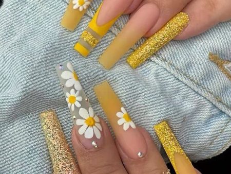 24Pcs Box Yellow Daisy Long Ballerina Wearable Fake Nails Press on  Full Cover Detachable Finished Fingernails Hot on Sale