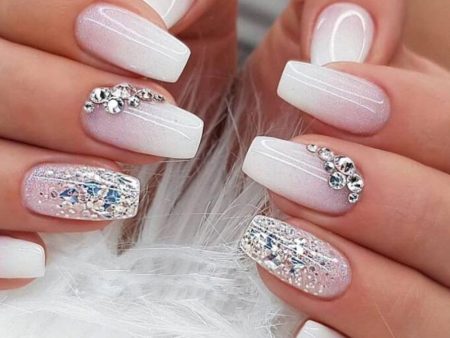 Trendy Gradient Pink False Nail Tips With Designs French Coffin Fake Nails Set Press on Short Ballerina Rhinestones Manicure For Discount