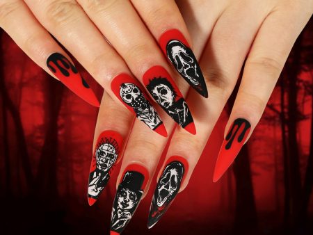 Halloween Nail Art Red and Black Contrast False Nails Kit Skeleton Ghost Face Press On Nail 24pcs Halloween Manicure Full Cover Online now