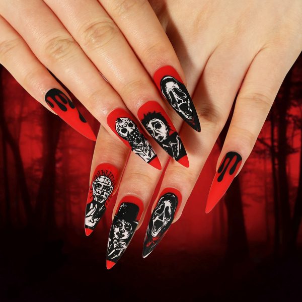 Halloween Nail Art Red and Black Contrast False Nails Kit Skeleton Ghost Face Press On Nail 24pcs Halloween Manicure Full Cover Online now