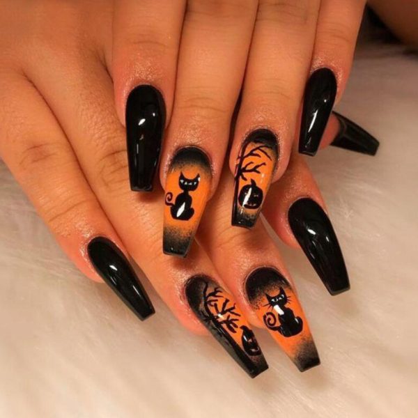 New Halloween Fake Nails Patch Black Almond Coffin Head Artificial Nail Tips Pumpkin Spider Ghost Printed Press on Nail for Girl Cheap